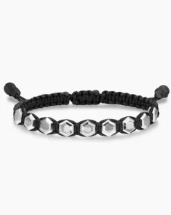 Faceted Woven Bracelet Sterling Silver with Black Nylon and Black Onyx, 8mm