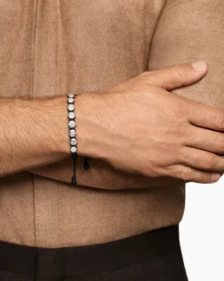 Faceted Woven Bracelet Sterling Silver with Black Nylon and Black Onyx, 8mm