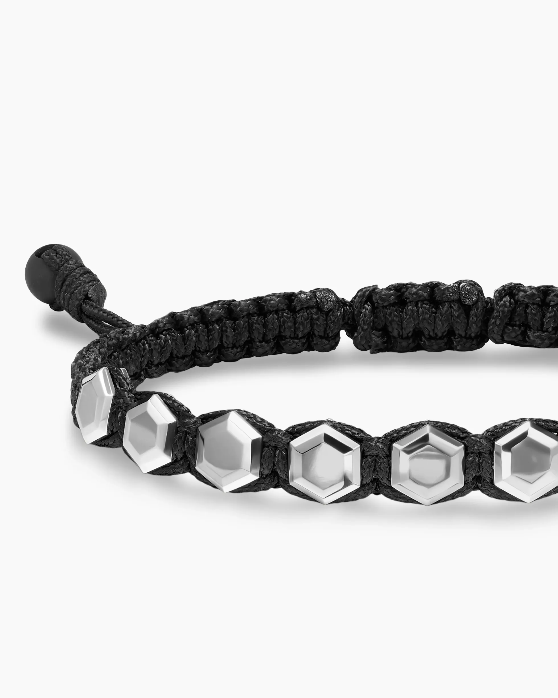 Faceted Woven Bracelet Sterling Silver with Black Nylon and Black Onyx, 8mm