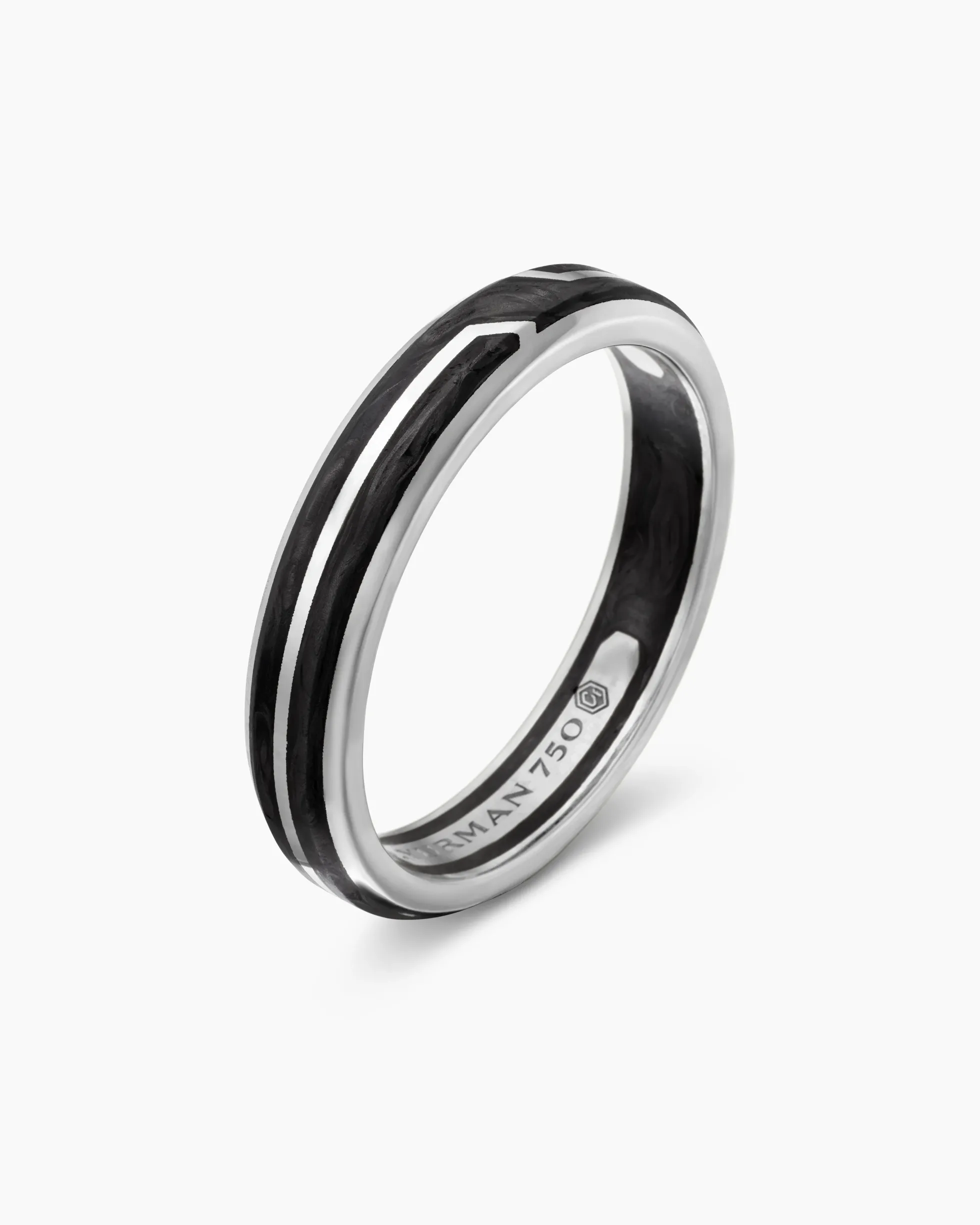 Forged Carbon Band Ring 18K White Gold, 4mm