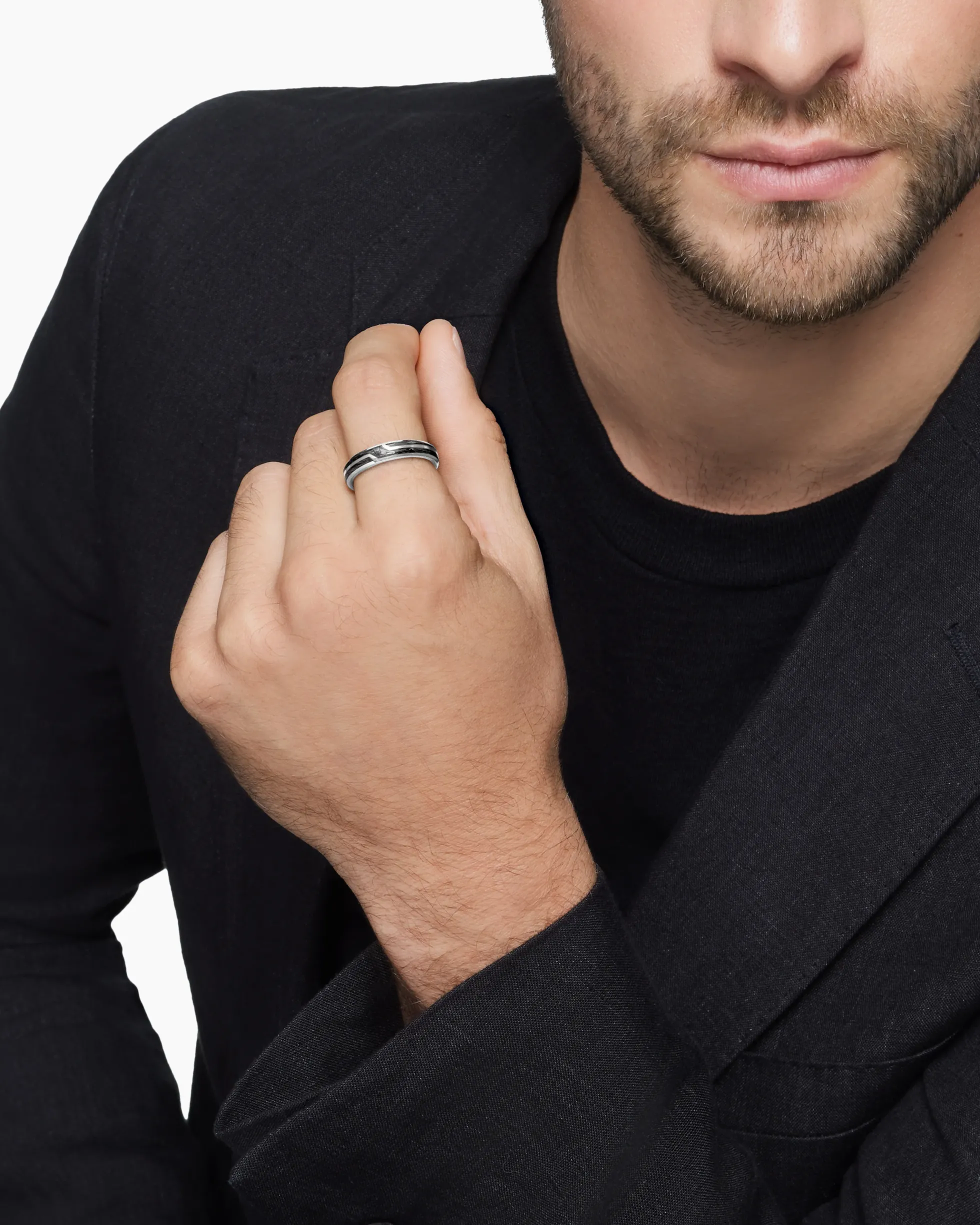 Forged Carbon Band Ring 18K White Gold, 4mm