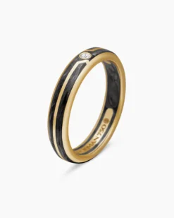 Forged Carbon Band Ring 18K Yellow Gold with Center Diamond, 4mm
