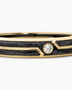 Forged Carbon Band Ring 18K Yellow Gold with Center Diamond, 4mm