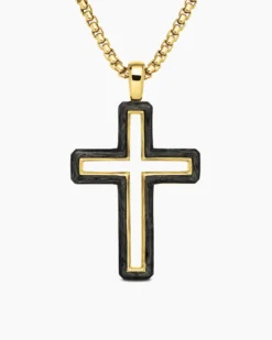 Forged Carbon Cross Pendant 18K Yellow Gold, 37mm