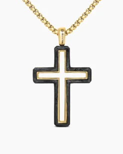 Forged Carbon Cross Pendant 18K Yellow Gold, 37mm