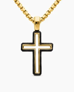 Forged Carbon Cross Pendant 18K Yellow Gold, 24mm