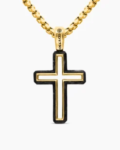 Forged Carbon Cross Pendant 18K Yellow Gold, 24mm