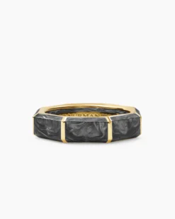Forged Carbon Faceted Band Ring 18K Yellow Gold, 6mm