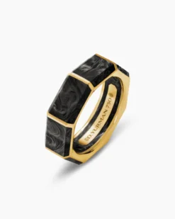 Forged Carbon Faceted Band Ring 18K Yellow Gold, 8mm