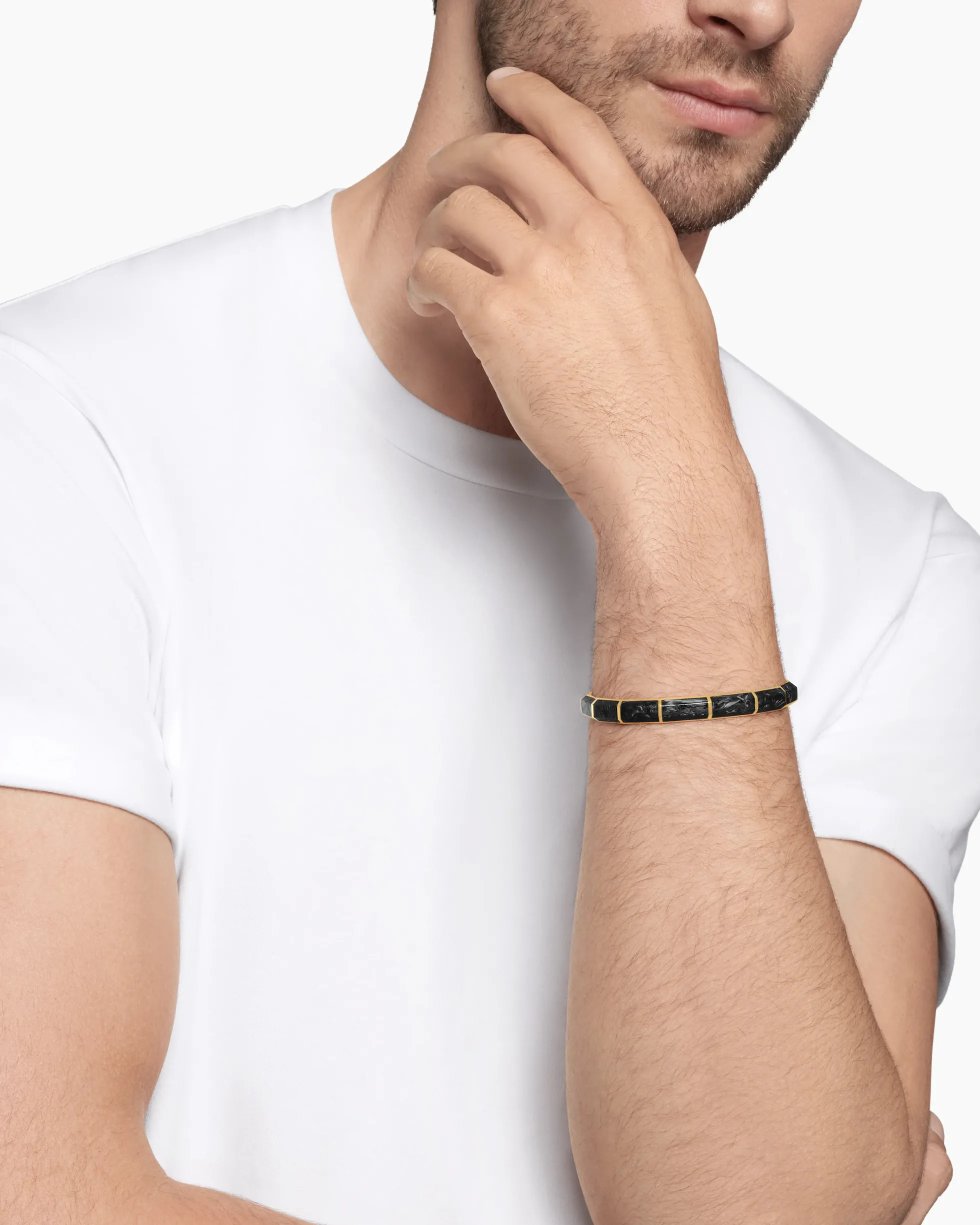 Forged Carbon Faceted Cuff Bracelet 18K Yellow Gold, 8.5mm