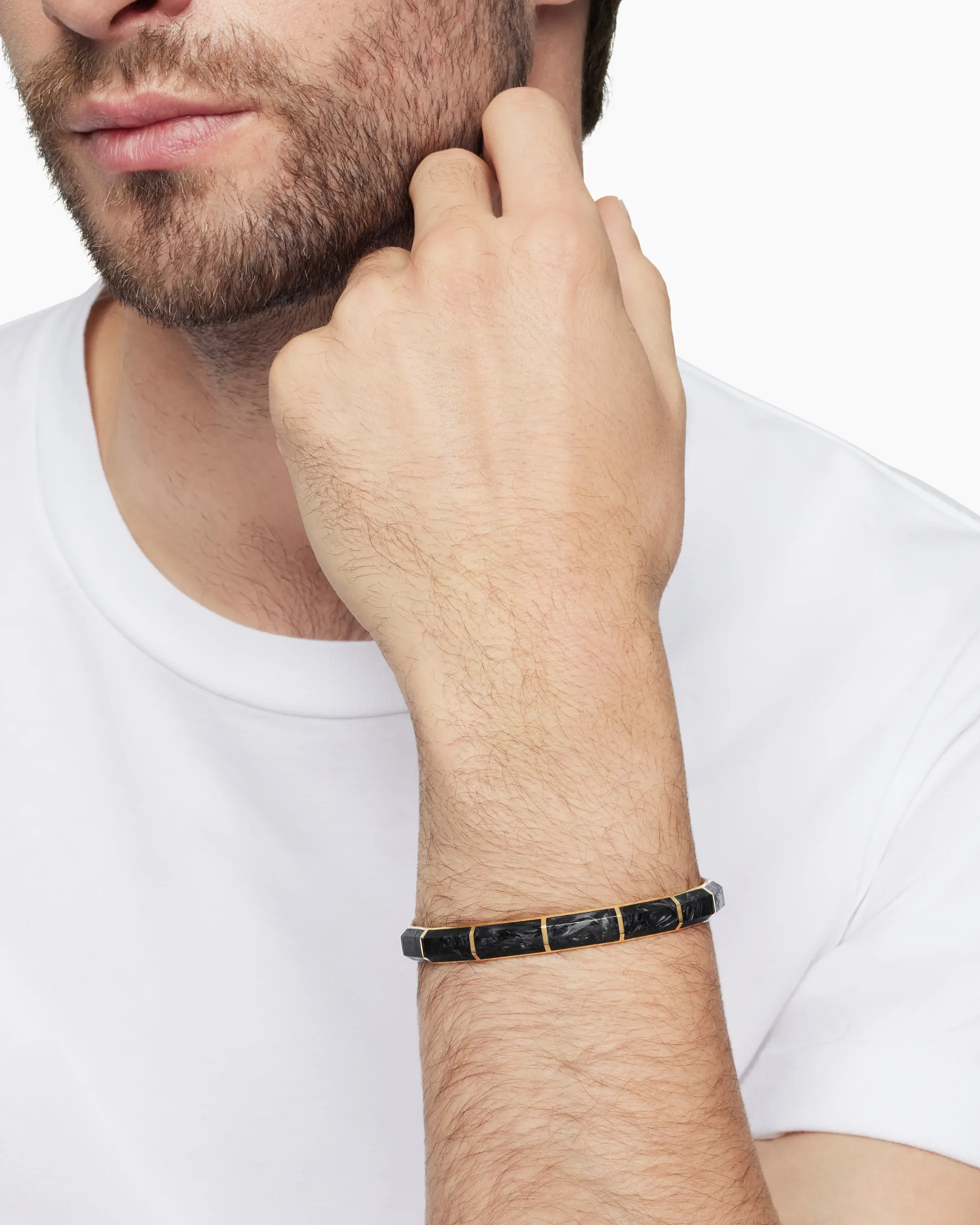 Forged Carbon Faceted Cuff Bracelet 18K Yellow Gold, 8.5mm