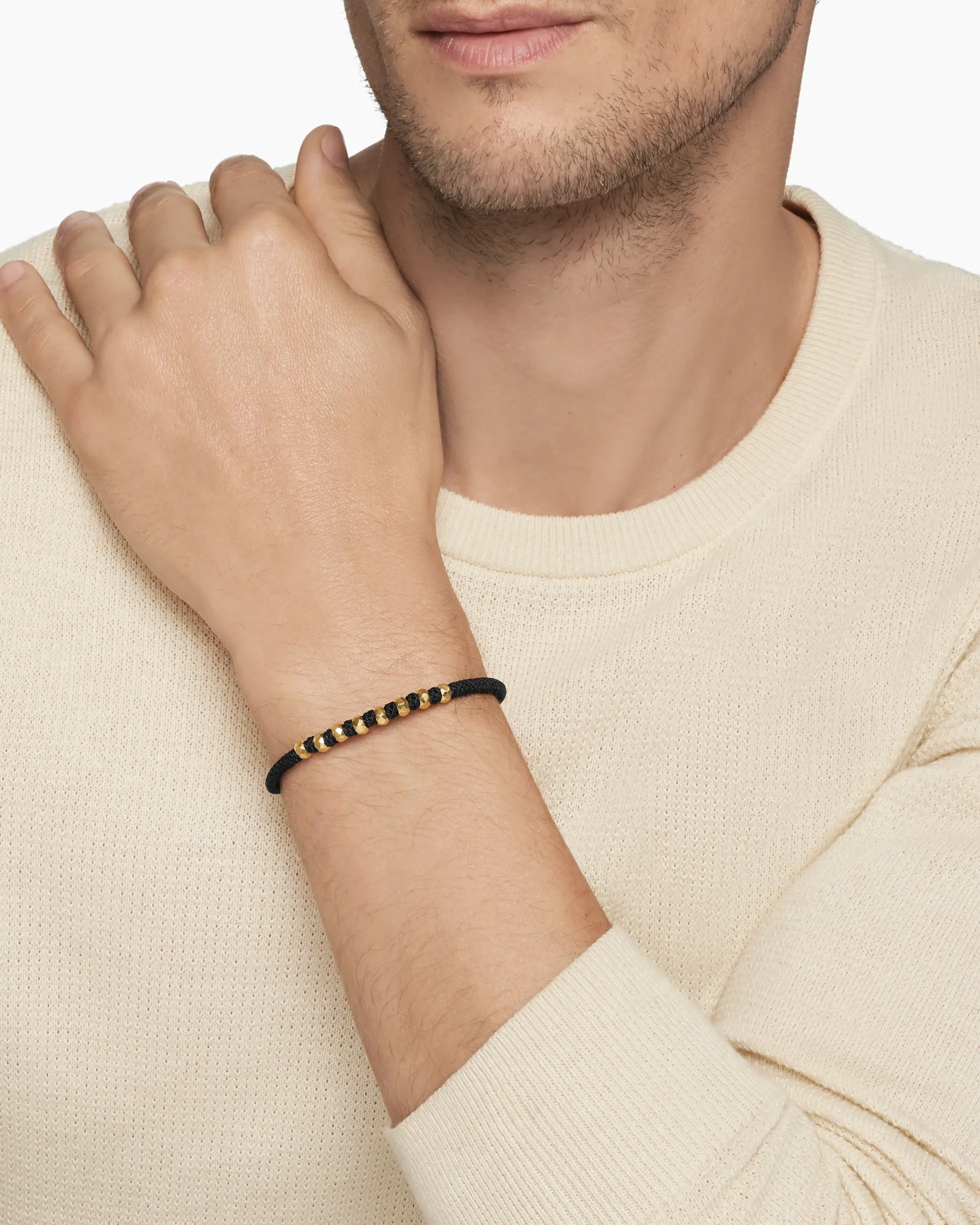 Fortune Woven Bracelet Black Nylon with Black Onyx and 18K Yellow Gold, 5.5mm