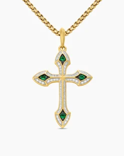 Gothic Cross Pendant 18K Yellow Gold with Diamonds and Emeralds, 36.5mm