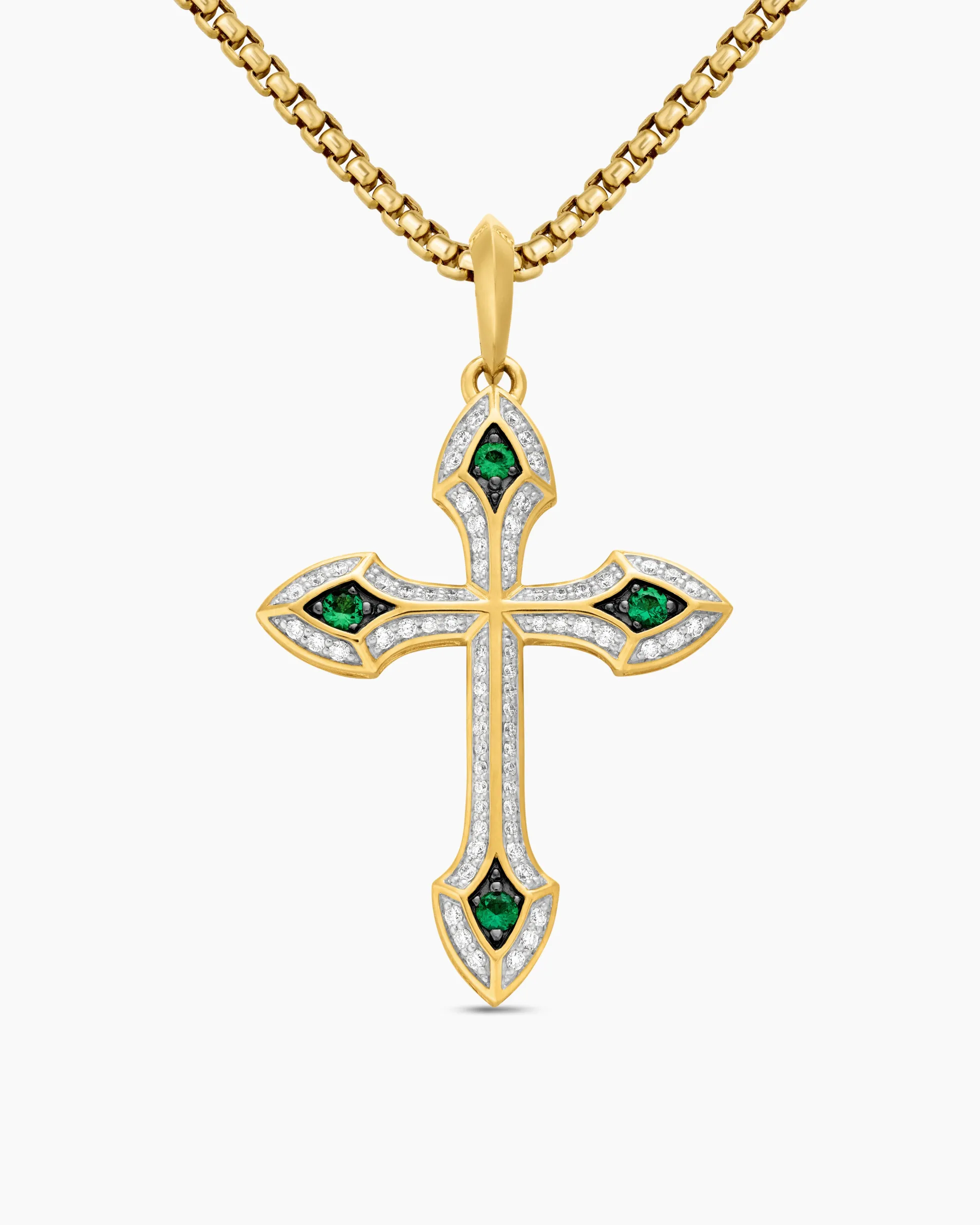 Gothic Cross Pendant 18K Yellow Gold with Diamonds and Emeralds, 36.5mm