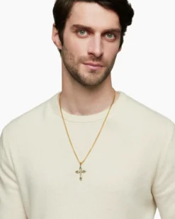 Gothic Cross Pendant 18K Yellow Gold with Diamonds and Emeralds, 36.5mm