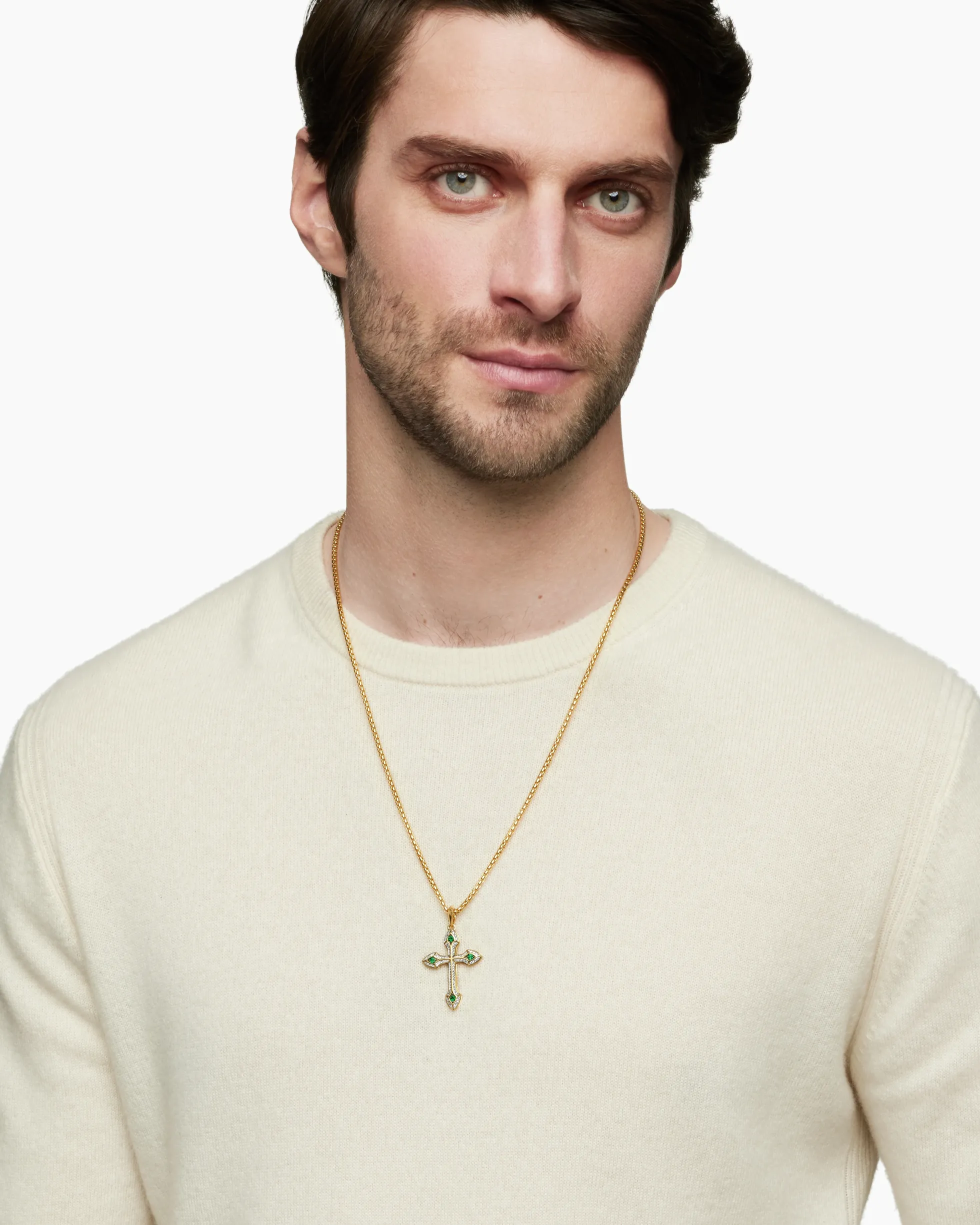 Gothic Cross Pendant 18K Yellow Gold with Diamonds and Emeralds, 36.5mm