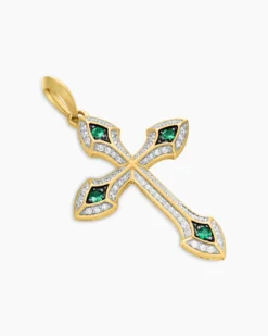 Gothic Cross Pendant 18K Yellow Gold with Diamonds and Emeralds, 36.5mm