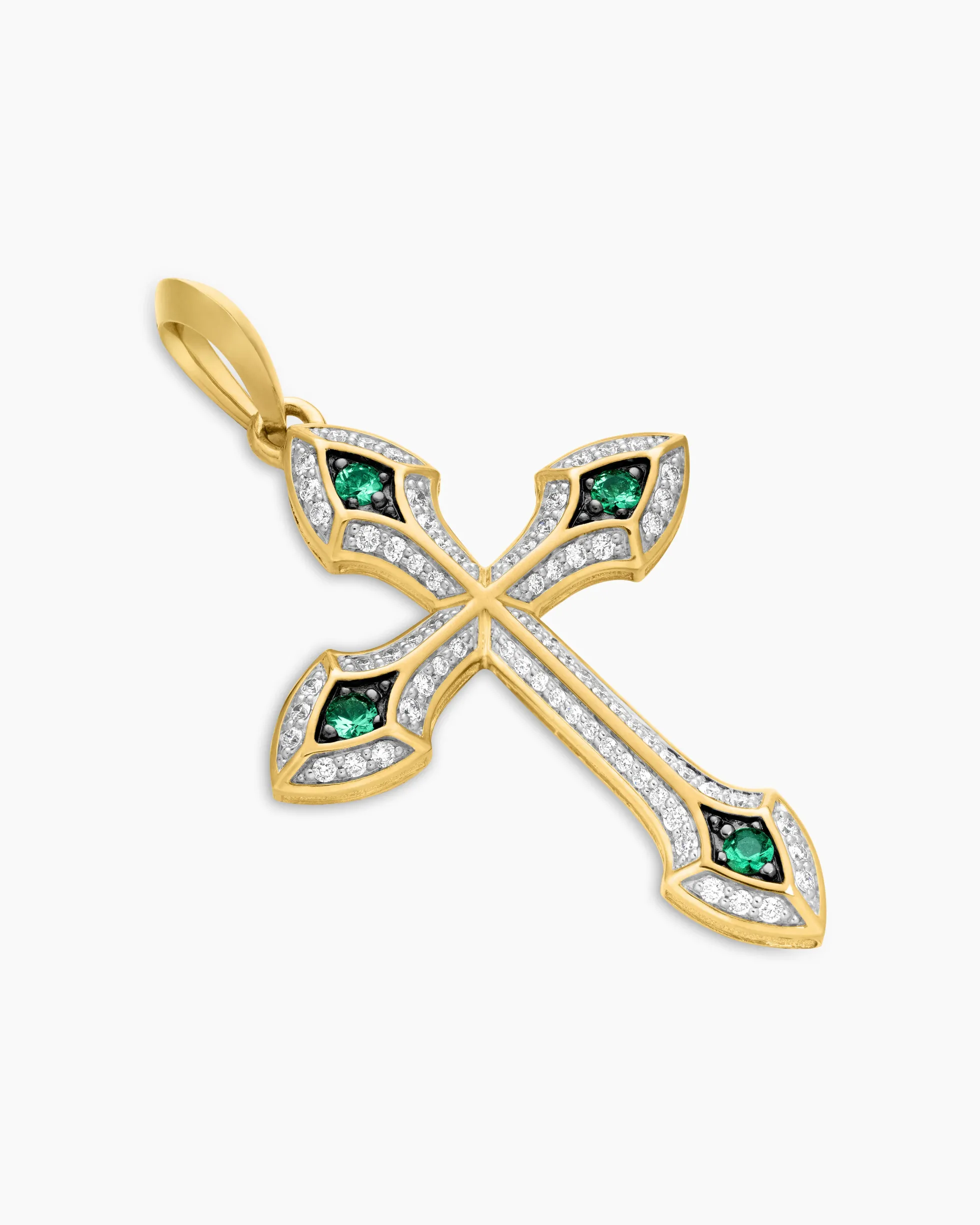 Gothic Cross Pendant 18K Yellow Gold with Diamonds and Emeralds, 36.5mm