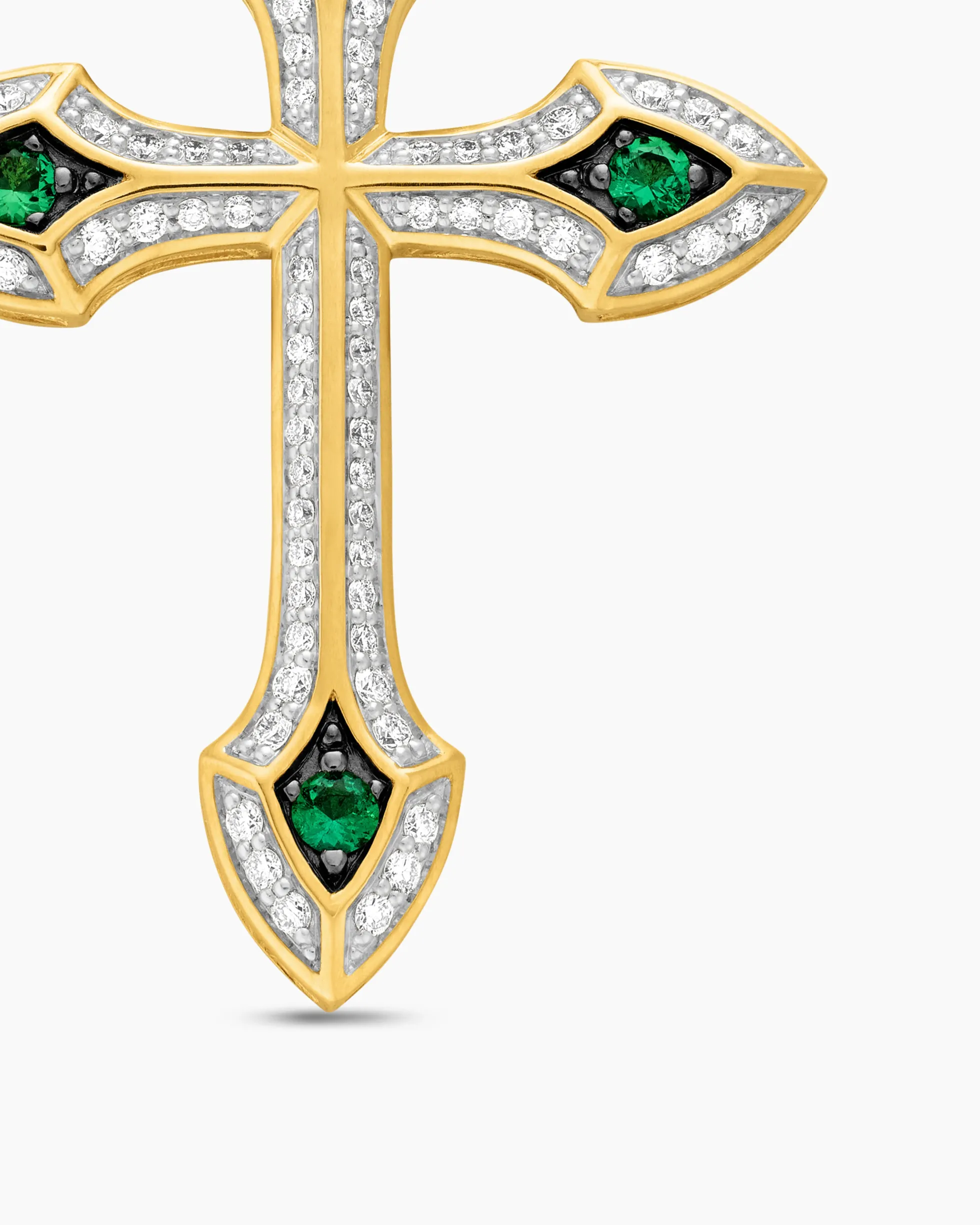 Gothic Cross Pendant 18K Yellow Gold with Diamonds and Emeralds, 36.5mm