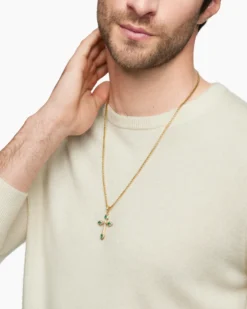 Gothic Cross Pendant 18K Yellow Gold with Diamonds and Emeralds, 36.5mm