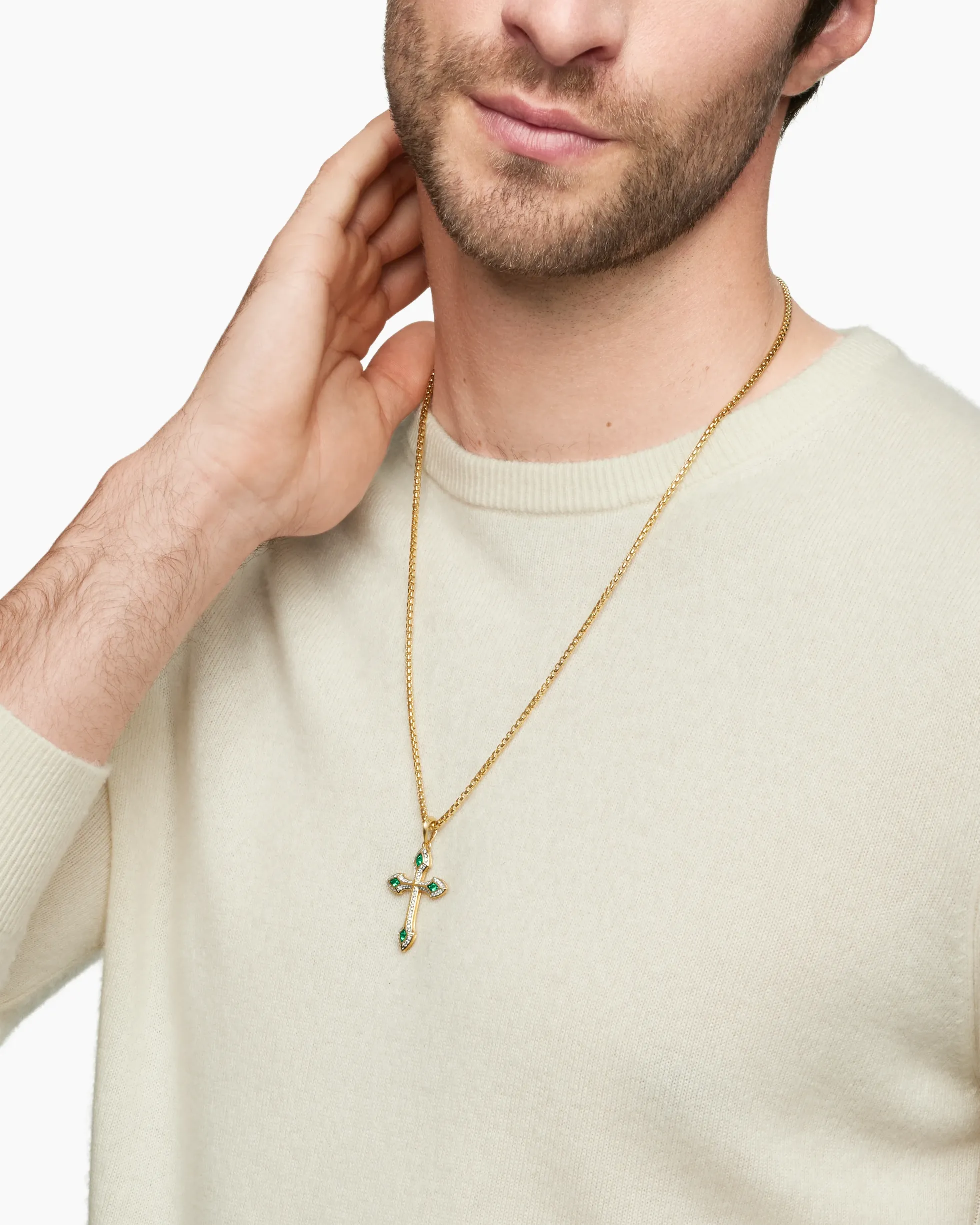 Gothic Cross Pendant 18K Yellow Gold with Diamonds and Emeralds, 36.5mm