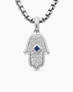 Hamsa Amulet 18K White Gold with Pavé Diamonds and Blue Sapphire, 24.6mm
