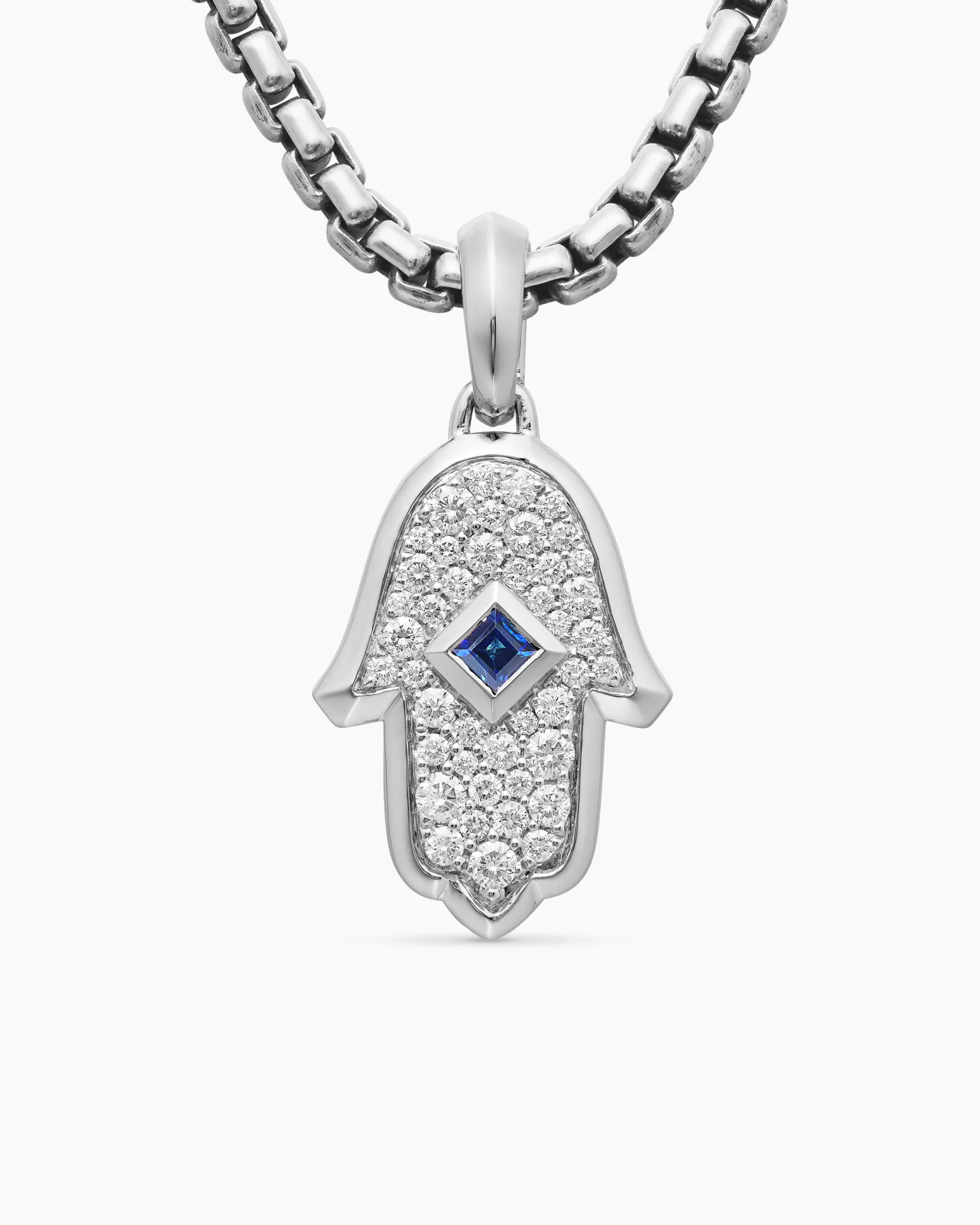 Hamsa Amulet 18K White Gold with Pavé Diamonds and Blue Sapphire, 24.6mm