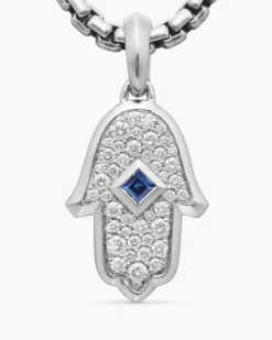 Hamsa Amulet 18K White Gold with Pavé Diamonds and Blue Sapphire, 24.6mm