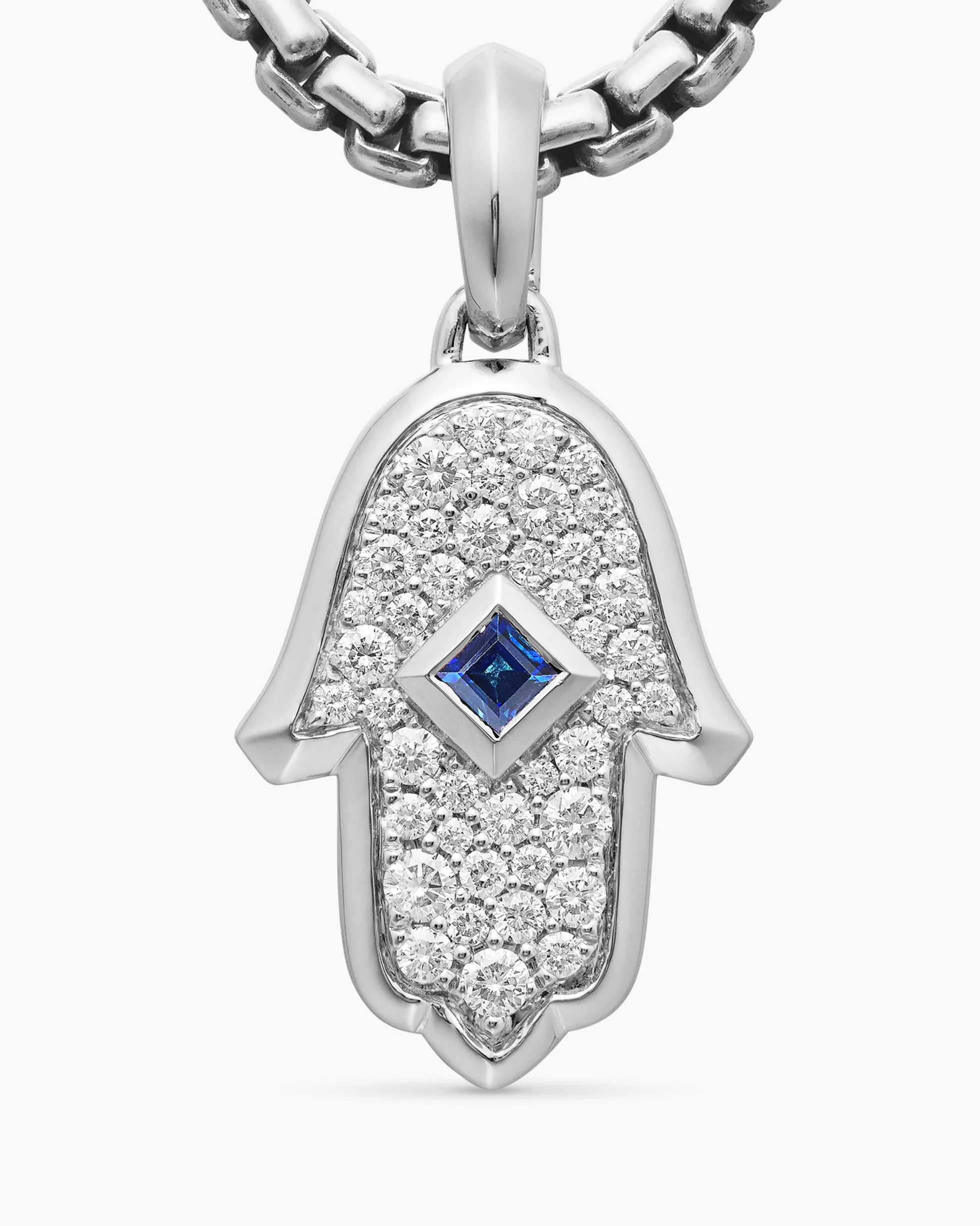 Hamsa Amulet 18K White Gold with Pavé Diamonds and Blue Sapphire, 24.6mm