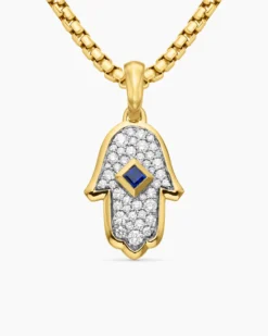 Hamsa Amulet 18K Yellow Gold with Pavé Diamonds and Blue Sapphire, 24.6mm