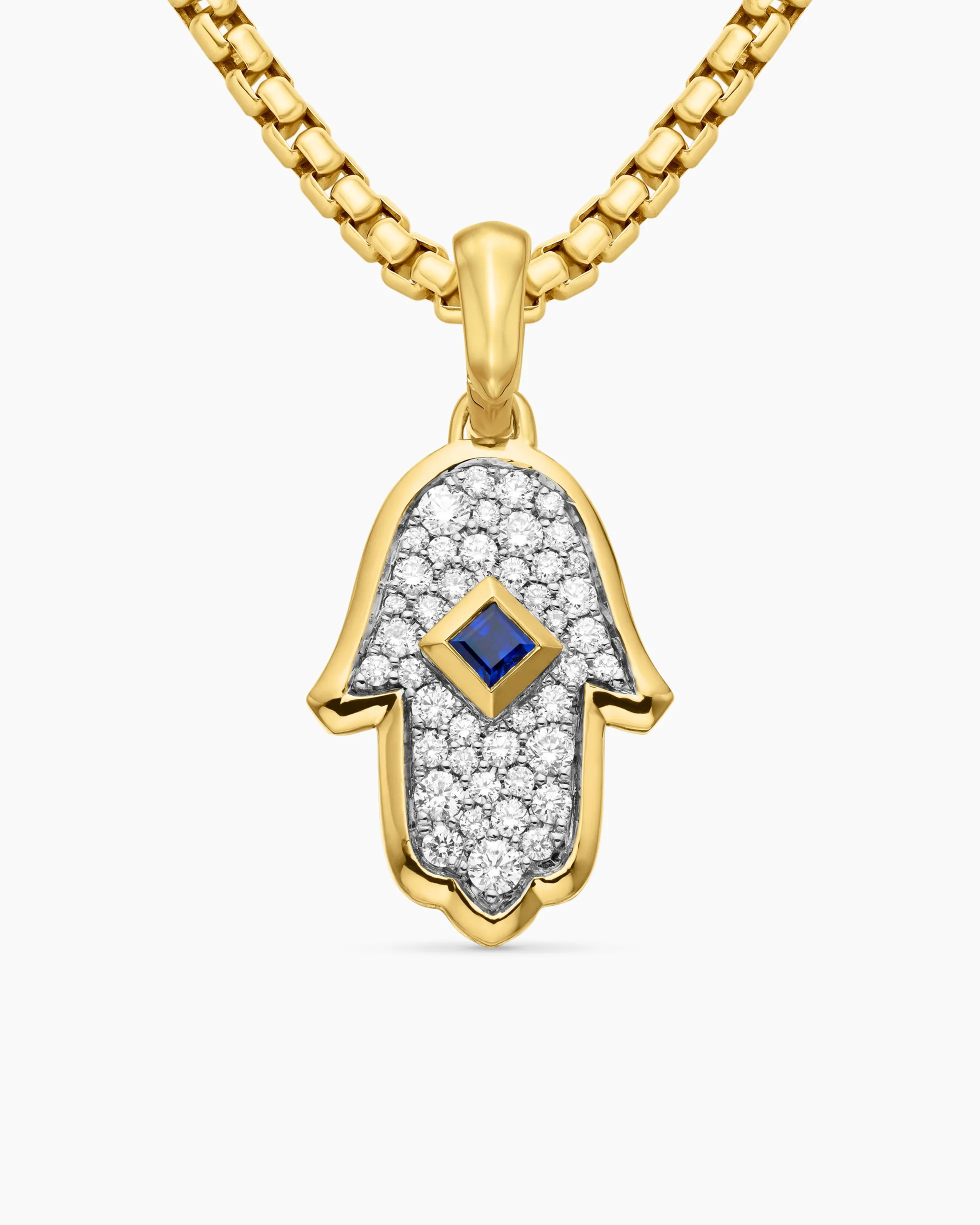 Hamsa Amulet 18K Yellow Gold with Pavé Diamonds and Blue Sapphire, 24.6mm