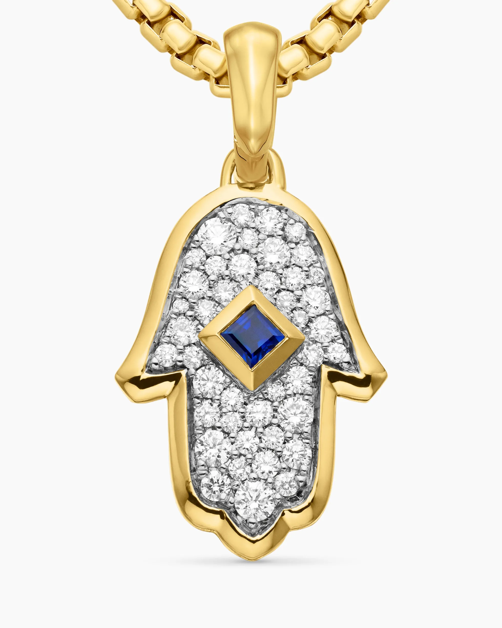 Hamsa Amulet 18K Yellow Gold with Pavé Diamonds and Blue Sapphire, 24.6mm