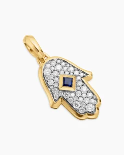 Hamsa Amulet 18K Yellow Gold with Pavé Diamonds and Blue Sapphire, 24.6mm