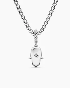 Hamsa Amulet Sterling Silver with Center Diamond, 15.8mm