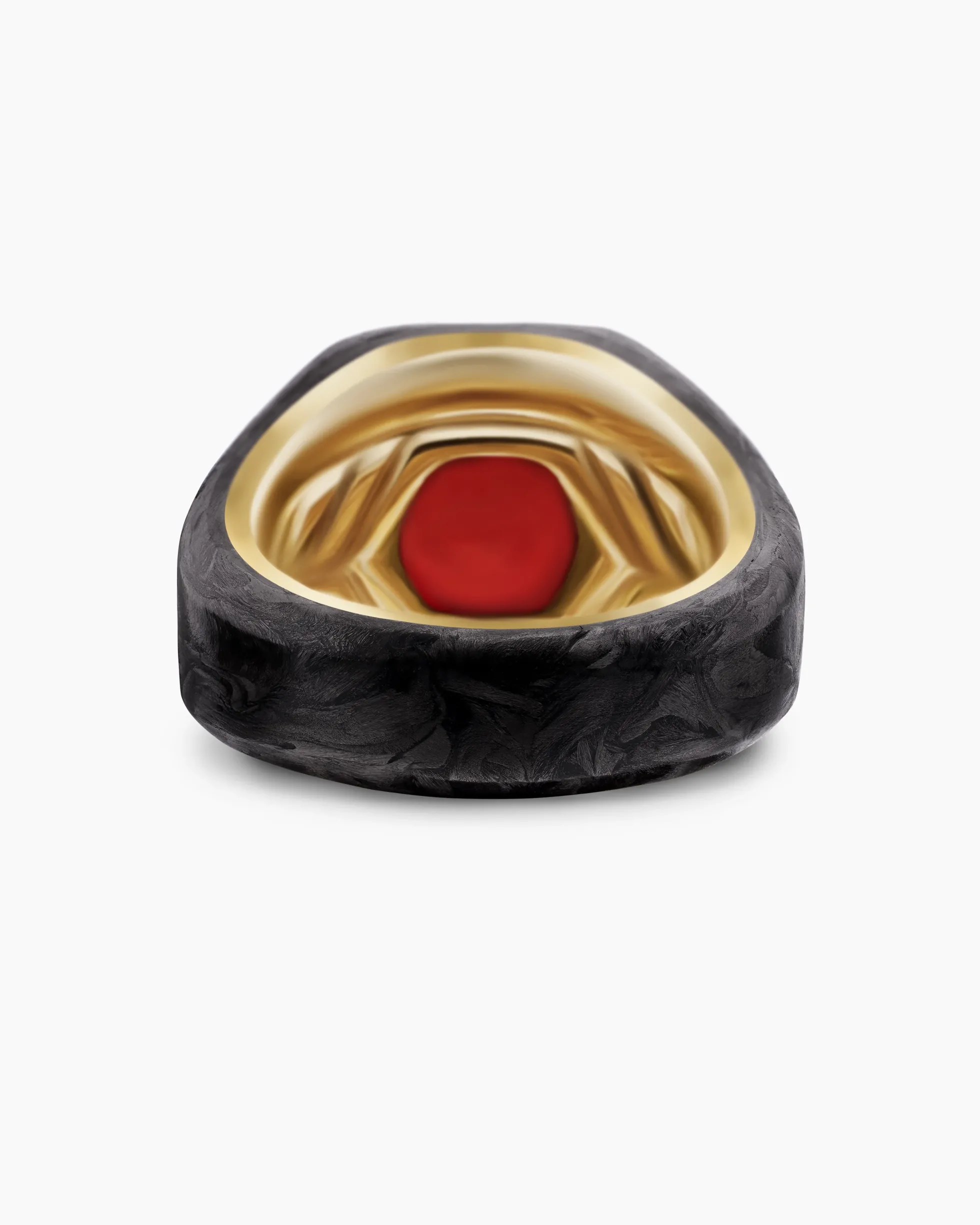 Hexagonal Signet Ring 18K Yellow Gold with Forged Carbon and Garnet, 17.7mm