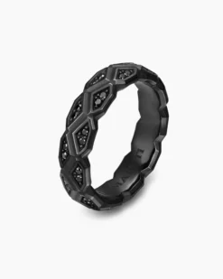 Hex Band Ring Black Titanium with Black Diamonds, 6mm