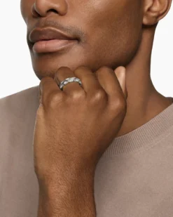 Hex Band Ring Sterling Silver with Diamonds, 6mm