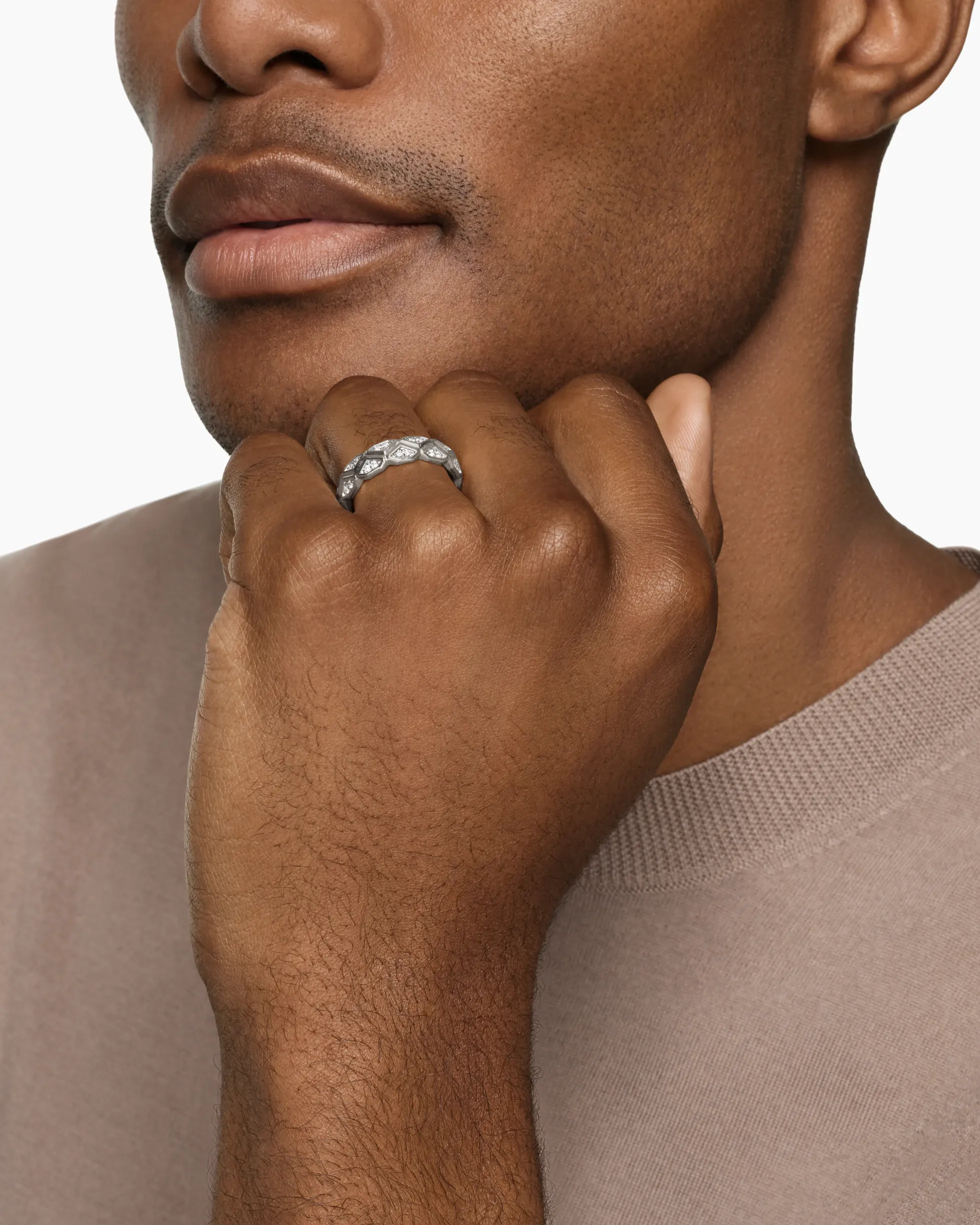 Hex Band Ring Sterling Silver with Diamonds, 6mm