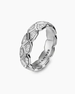 Hex Band Ring Sterling Silver with Diamonds, 6mm