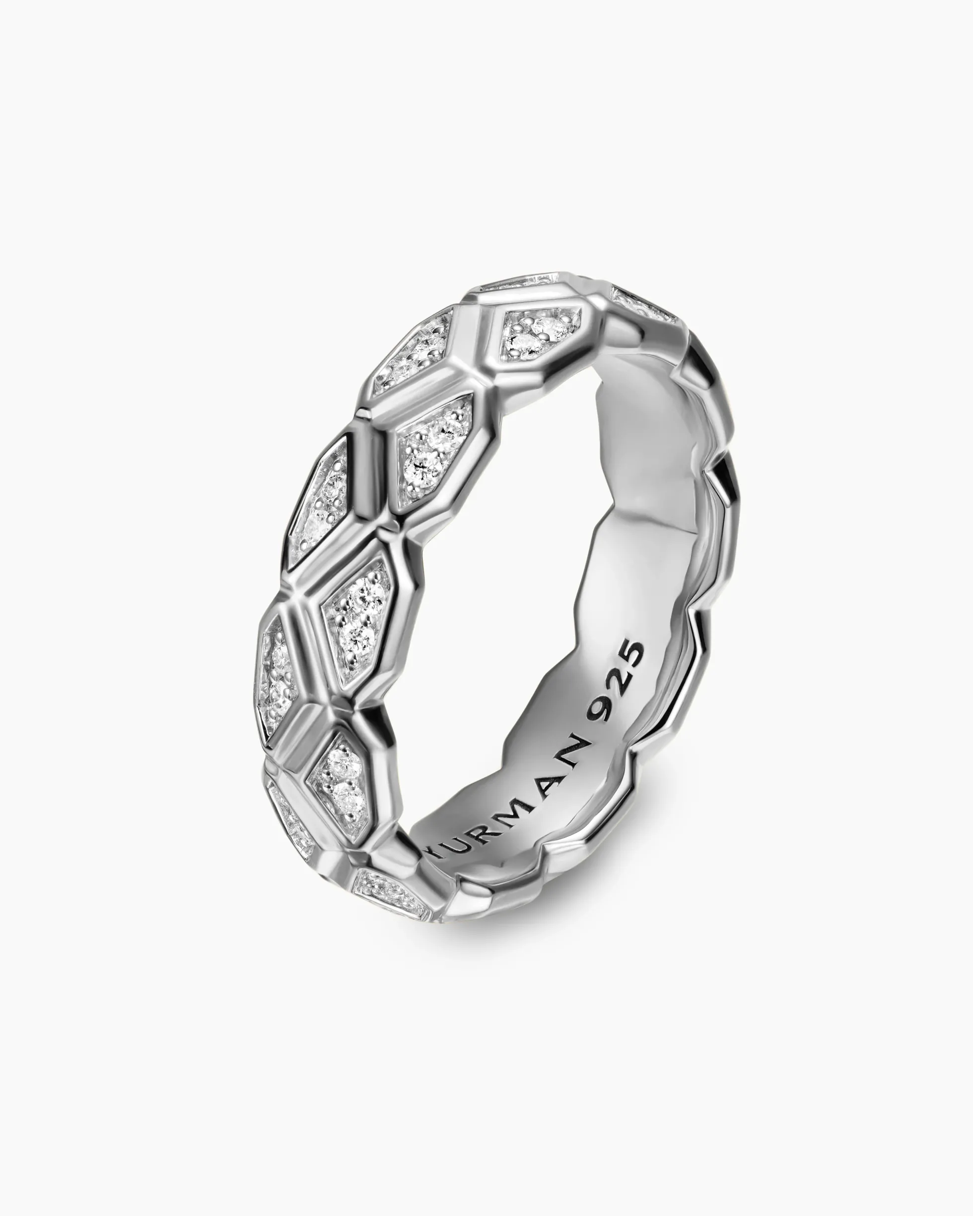 Hex Band Ring Sterling Silver with Diamonds, 6mm