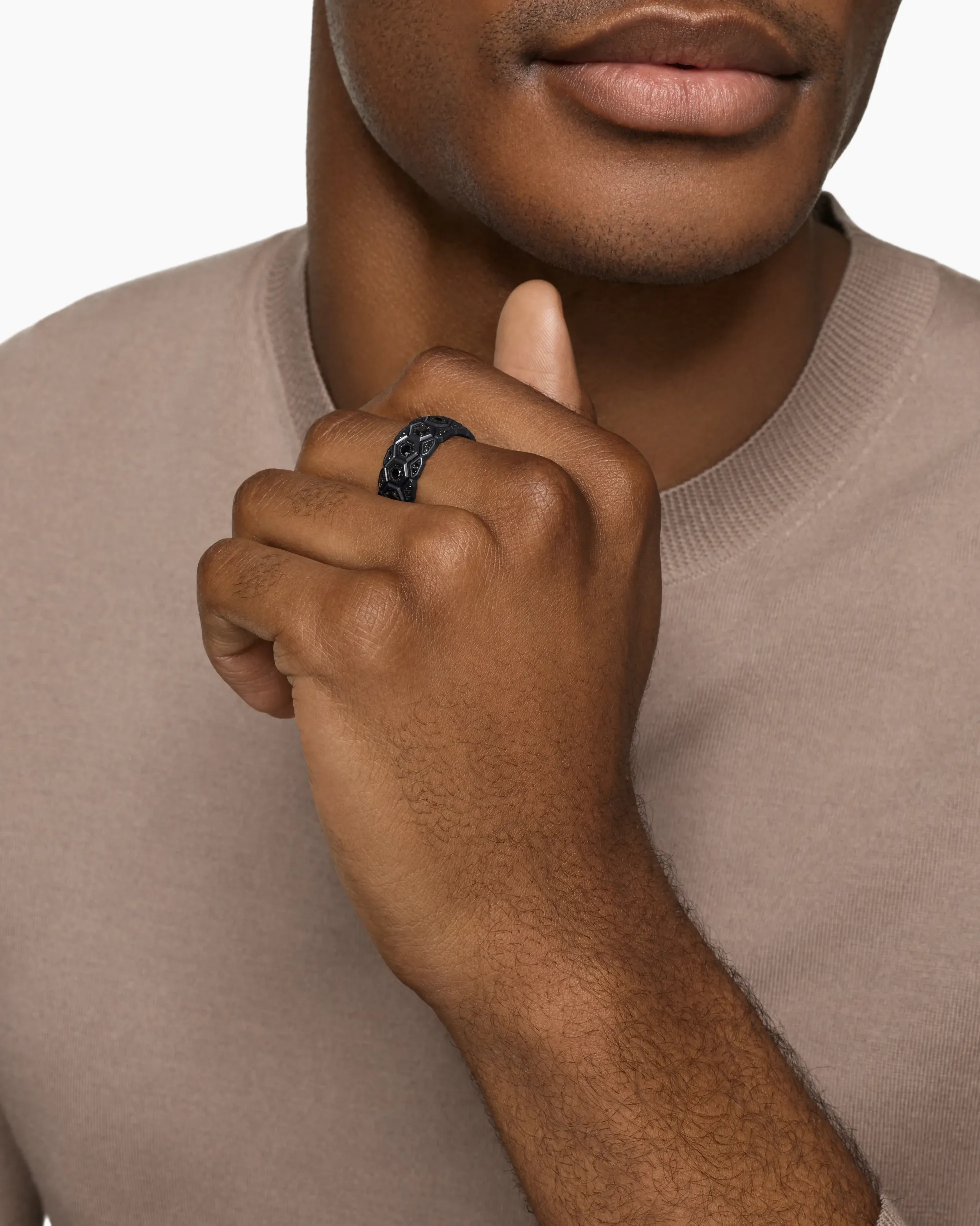 Hex Stack Ring Black Titanium with Black Diamonds, 9.3mm