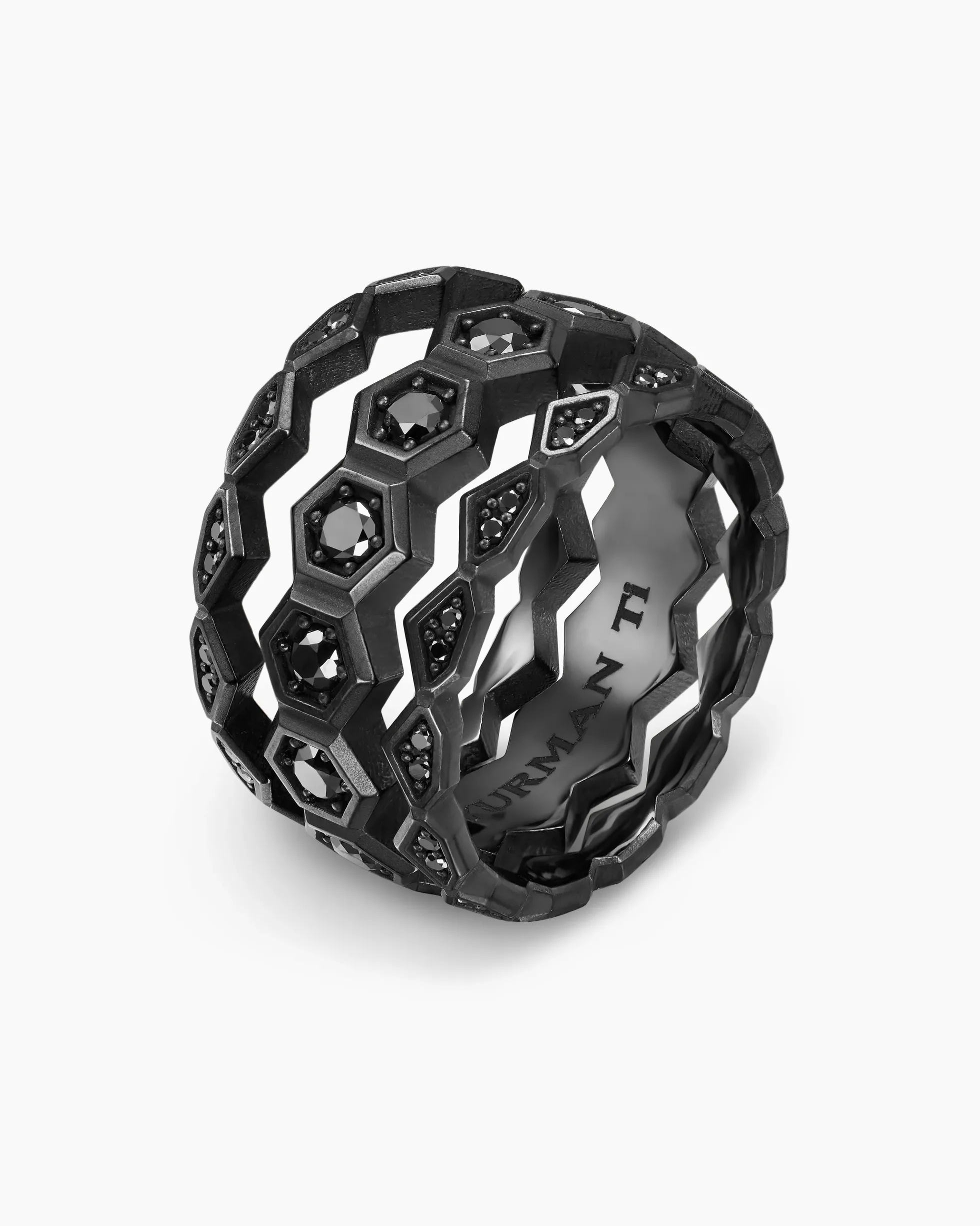 Hex Stack Ring Black Titanium with Black Diamonds, 9.3mm