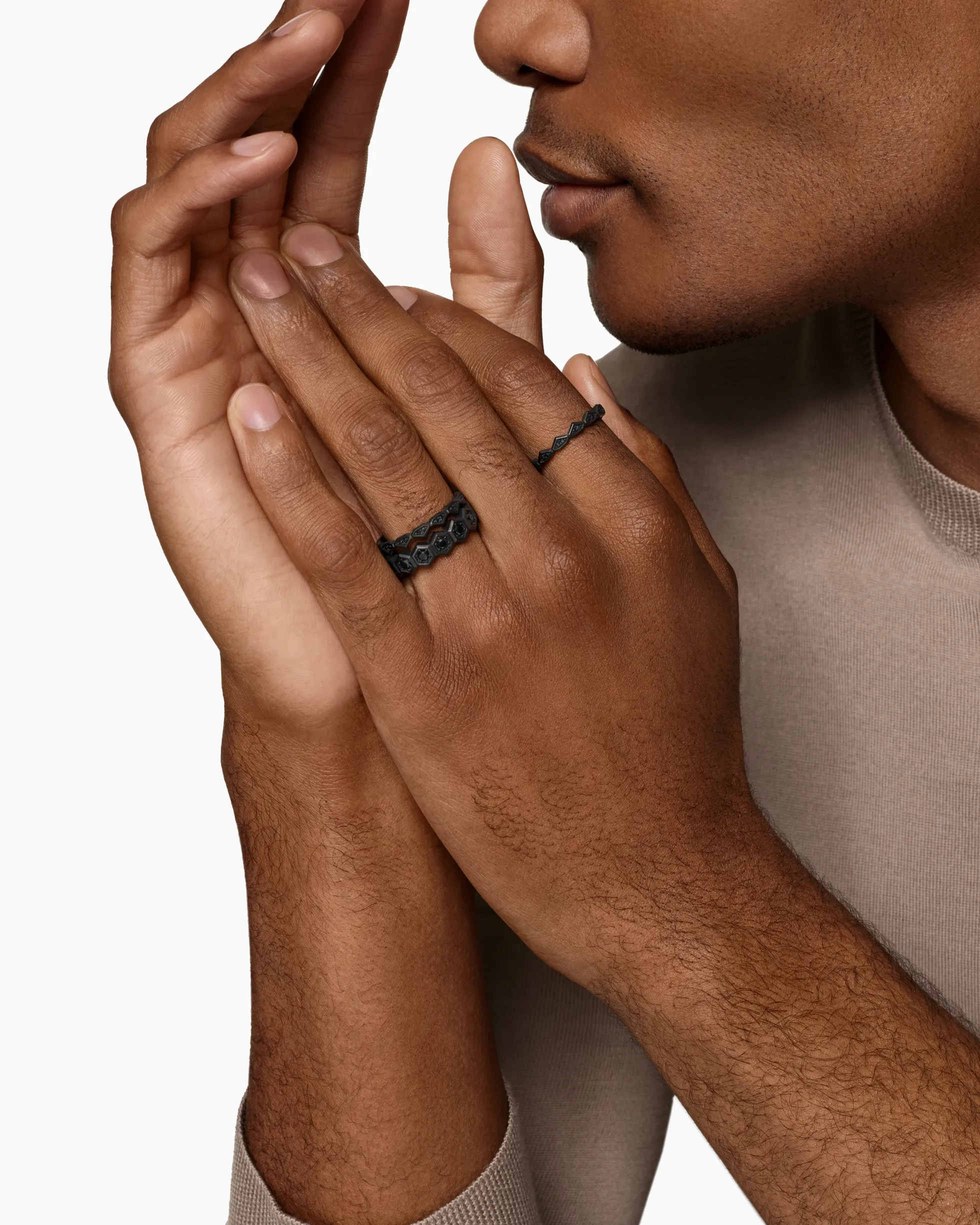Hex Stack Ring Black Titanium with Black Diamonds, 9.3mm