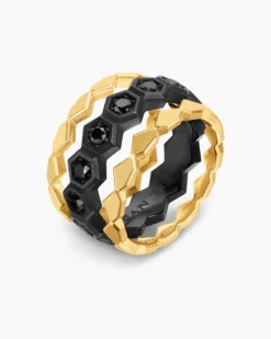 Hex Stack Ring Black Titanium with 18K Yellow Gold and Black Diamonds, 9.3mm