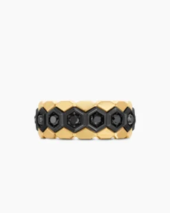 Hex Stack Ring Black Titanium with 18K Yellow Gold and Black Diamonds, 9.3mm