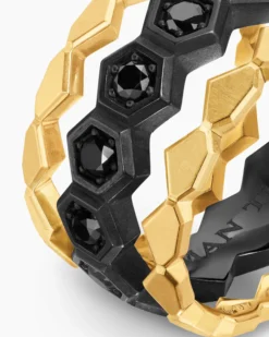 Hex Stack Ring Black Titanium with 18K Yellow Gold and Black Diamonds, 9.3mm
