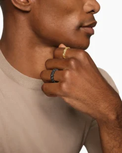 Hex Stack Ring Black Titanium with 18K Yellow Gold and Black Diamonds, 9.3mm