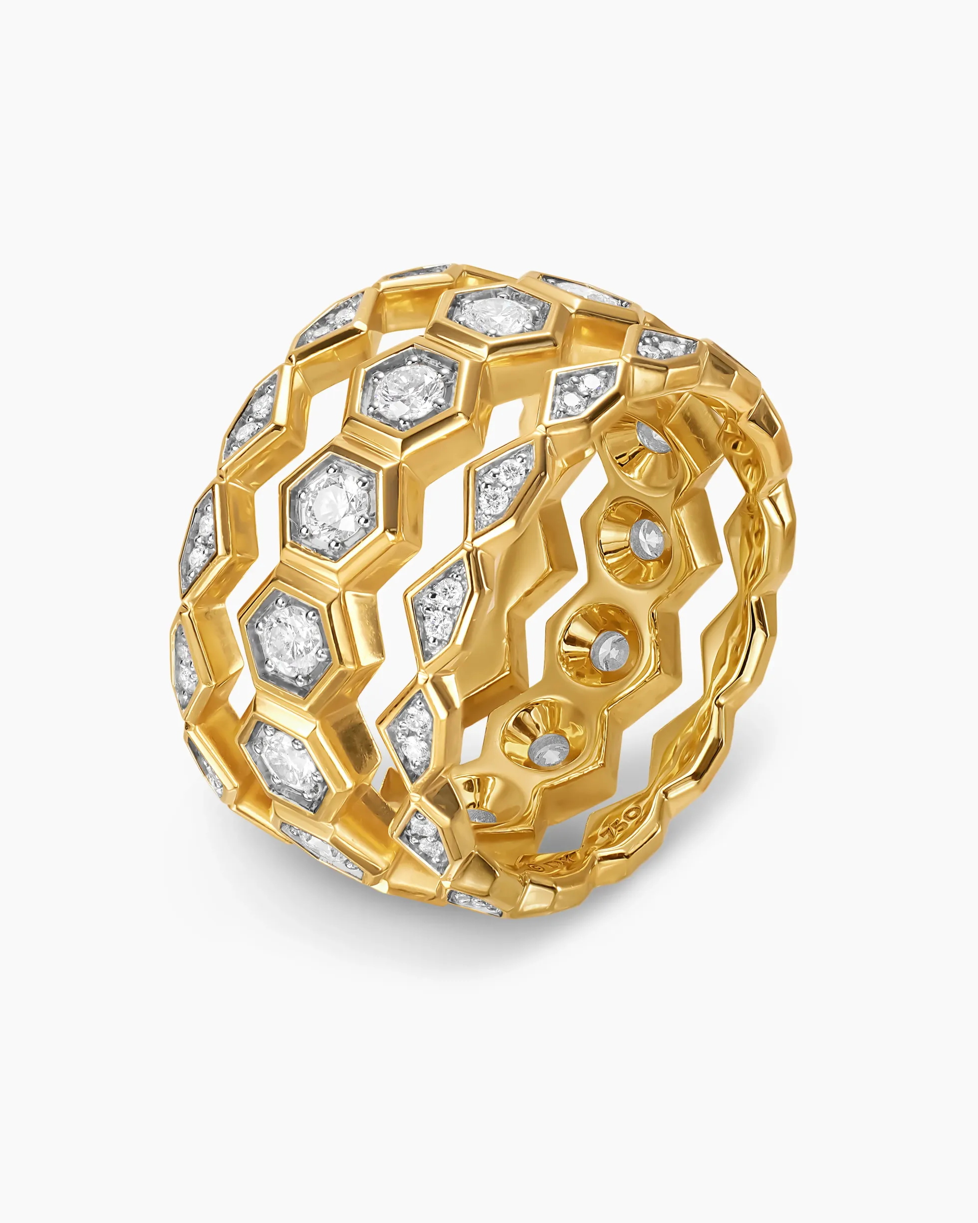 Hex Stack Ring 18K Yellow Gold with Diamonds, 9.3mm