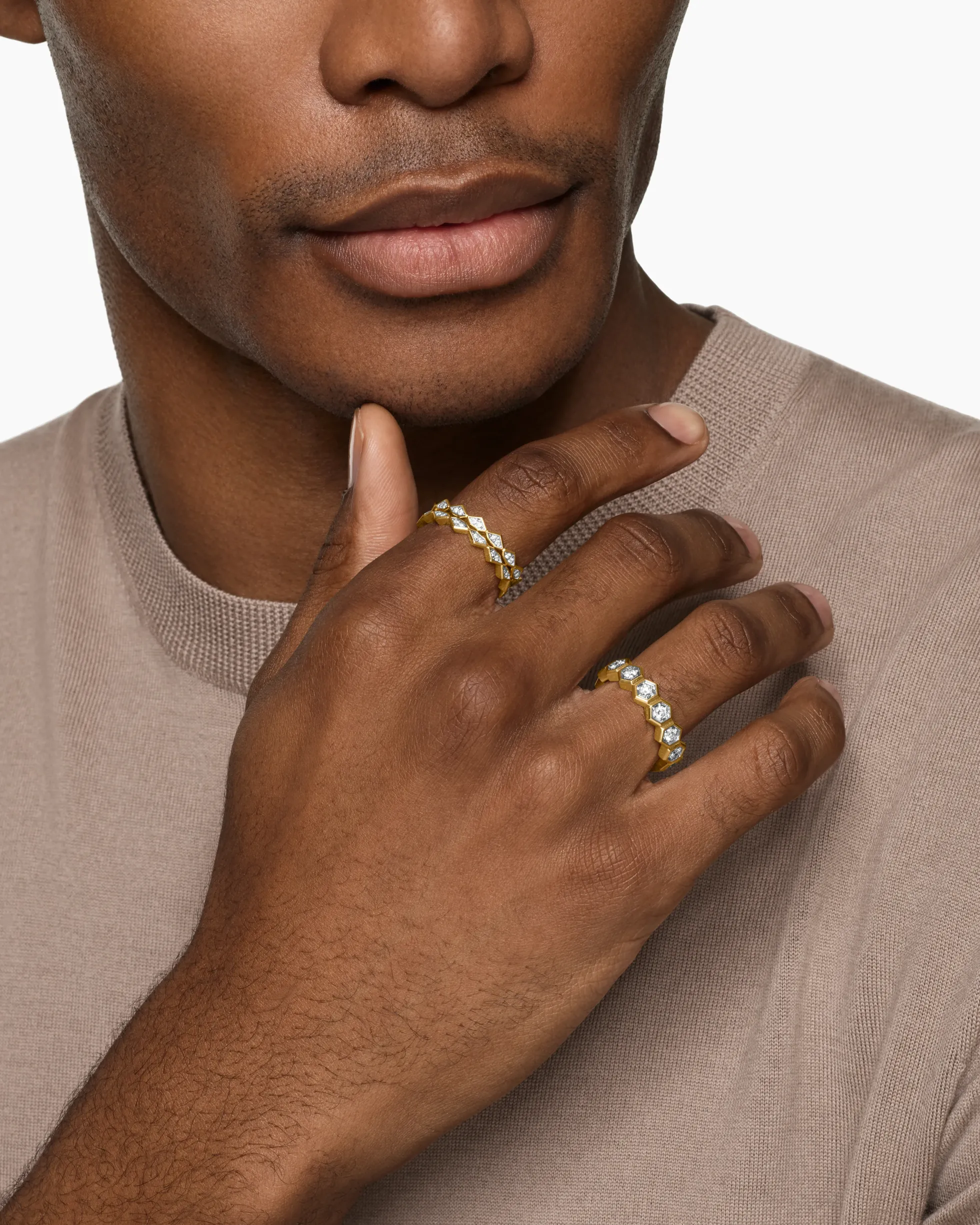 Hex Stack Ring 18K Yellow Gold with Diamonds, 9.3mm