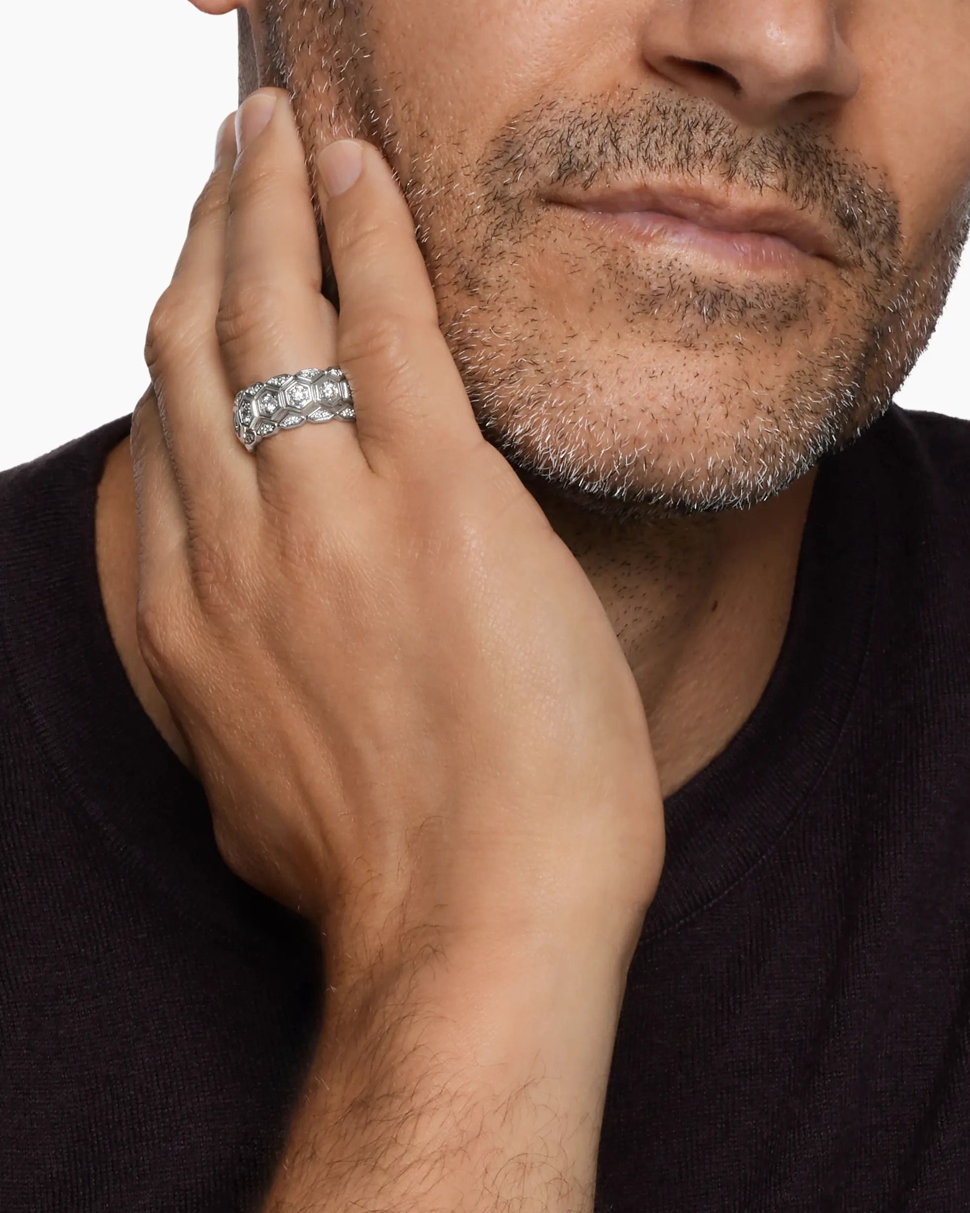 Hex Stack Ring Sterling Silver with Diamonds, 9.3mm